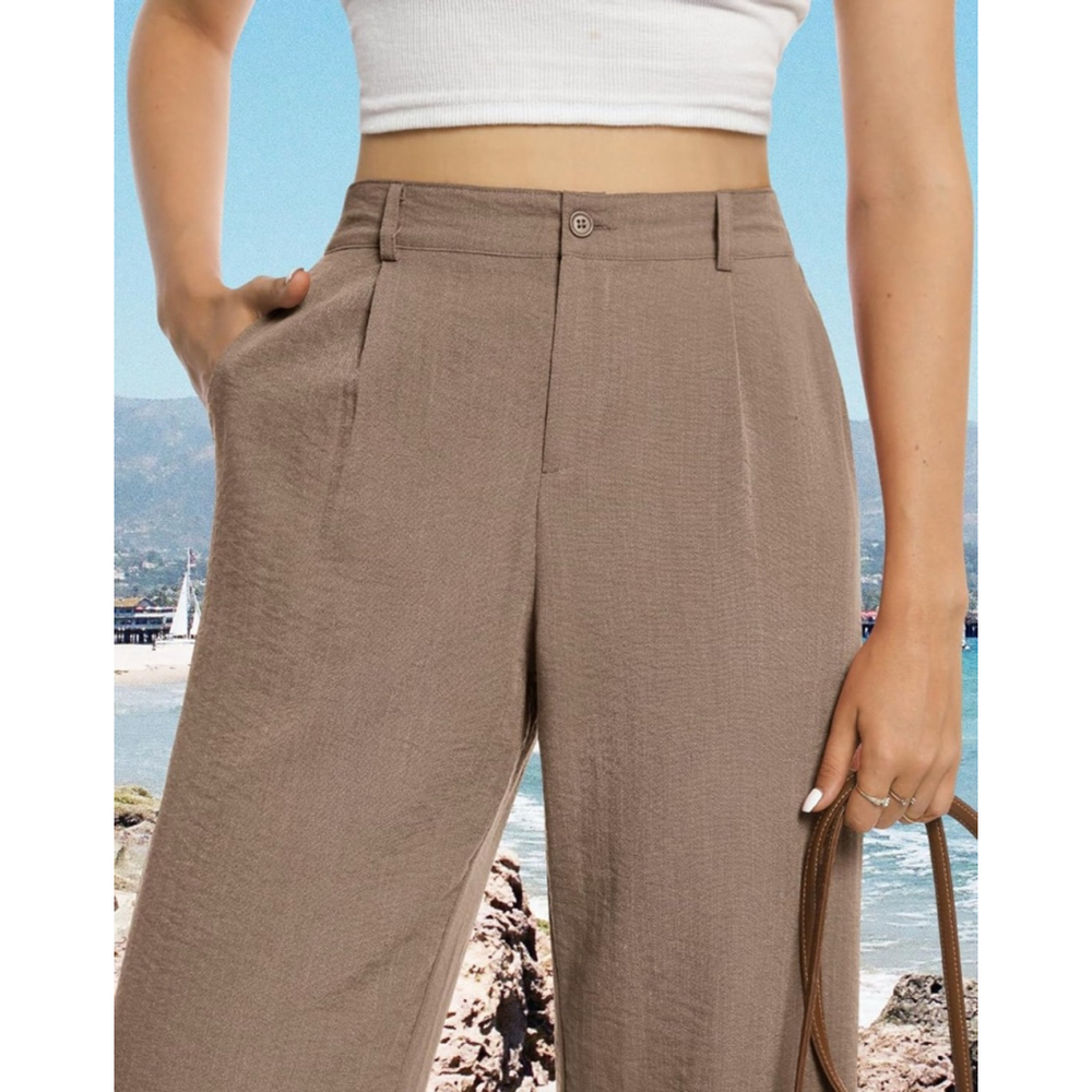 Light Tan Casual Wide Leg Pants High Waisted Button Down Straight Long Trousers - Picture 2 of 7